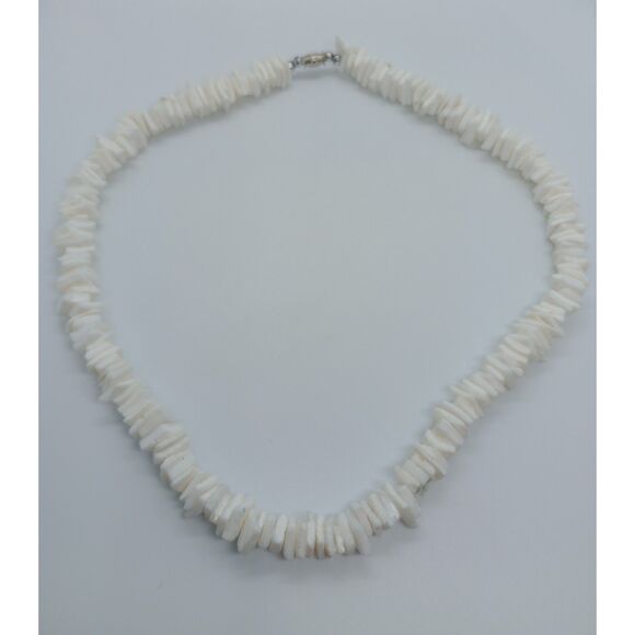 White Shell Chip Beaded Silver Tone 18" Barrel Clasp Necklace - Picture 2 of 5